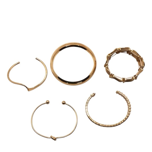 5pc Gold Tone Bracelet Set- Stackable Bangles & Cuffs Boho Chic Jewelry - Picture 4 of 5